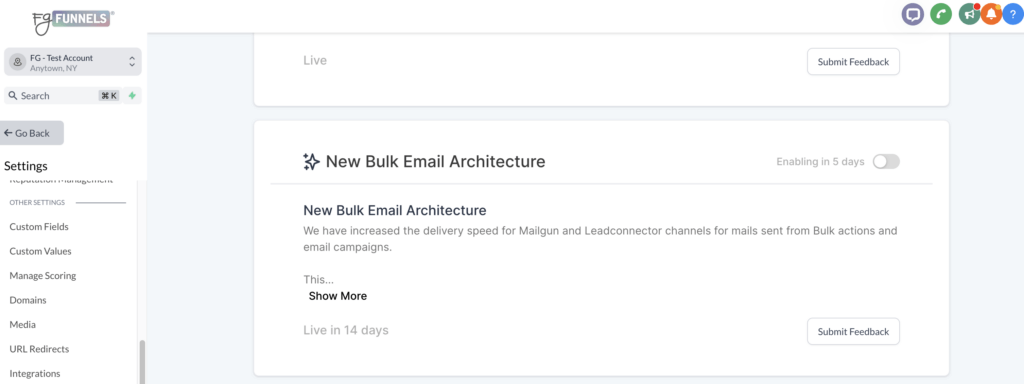 Screenshot of the inside of an FG Funnels account, under Settings &gt; Labs, displaying where to toggle on the New Bulk Email Architecture enhancement.